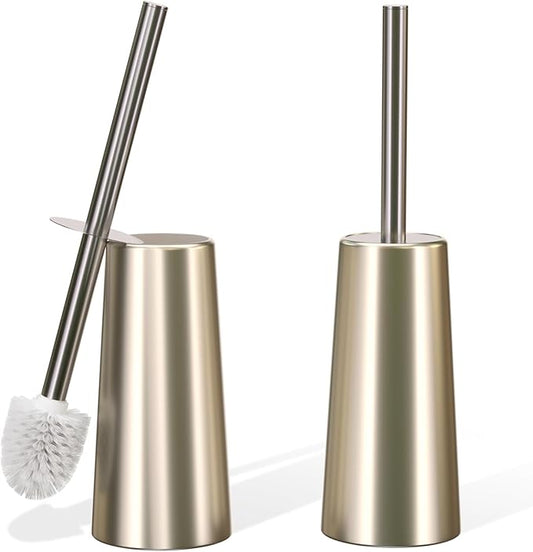 2 Pack Toilet Brush and Holder Set for Bathroom, Champagne Gold | Plastic Toilet Bowl Brush with 304 Stainless Steel Long Handle