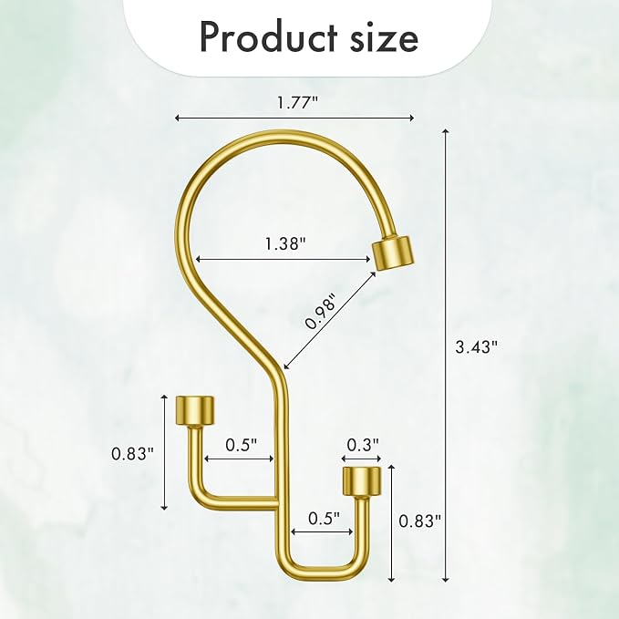 Bathway 12-Pack Double Shower Curtain Hooks, Rust-Resistant Metal Shower Curtain Rings with High-Low Design to Separate Liner & Curtain, Smooth Glide, Gold