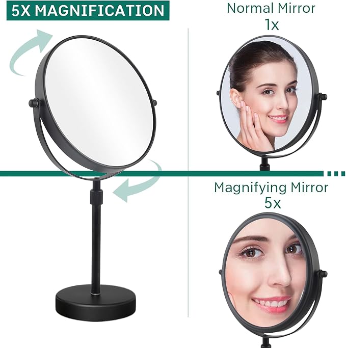 Nicesail Taller Tabletop Makeup Mirror, 8 Inch 5X Magnified, Matte Black | Higher, Countertop Standing, 15in-19in Height Adjustable, Double Sided Mirror, 5X Magnifying Desk Vanity Make up Table Mirror