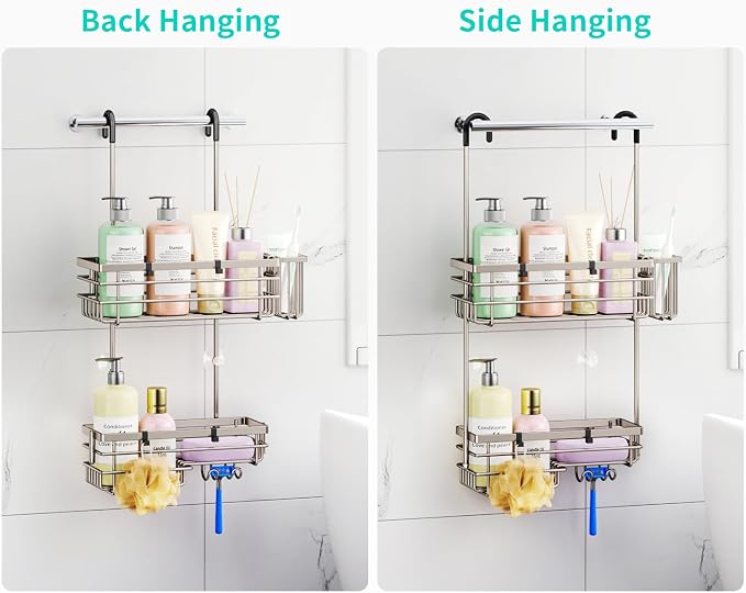 HapiRm Hanging Shower Caddy Organizer - No Drilling Shower Shelves with Hooks and Toothbrush Holder, Rustproof 304 Stainless Steel Bathroom Organizer - Brushed Nickel