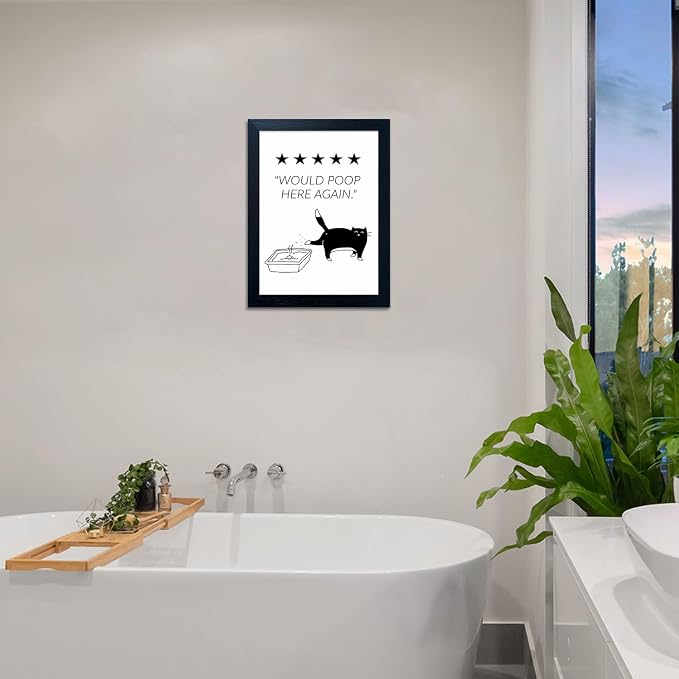 Funny Bathroom Wall Art Would Poop Here Again Framed Black and White Cat Bathroom Wall Decor Bathroom Sign Print Paintings for Home Decor