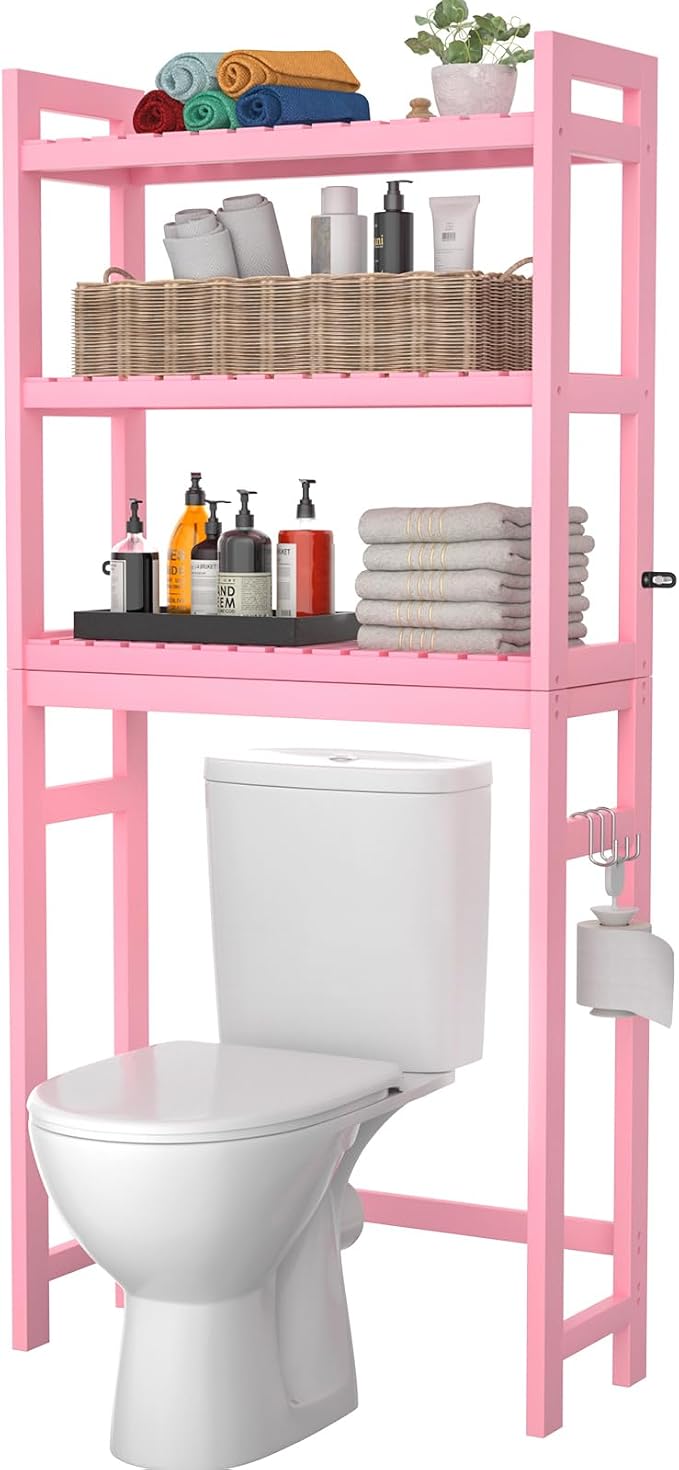 Bamboo Over The Toilet Storage Shelves, 3-Tier Above Toilet Storage Organizer Rack with 3 Hooks, Freestanding Bathroom Tower Shelf Unit for Small Space, No Rust, Easy to Assemble, Pink