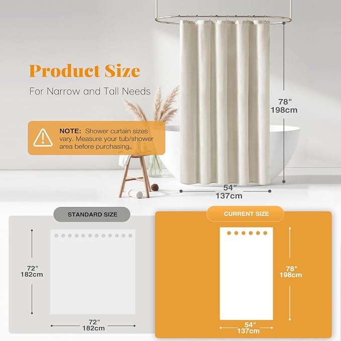 Linen Textured Waterproof Fabric Shower Curtain, 54x78, Light Cream | Heavy Duty Polyester Cloth, 10 Plastic Hooks, Quick-dry, Elegant Drape, Modern Hotel Style, Bathroom Decor, Machine Washable
