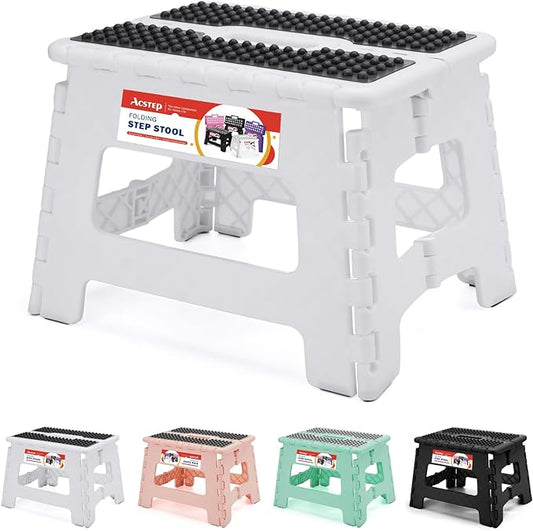 9" Folding Step Stool, Non-Slip Surface Stool for Kids, Dot White | Heavy Duty Foldable Stools, Lightweight, Holds 300 lb, for Toddler Kitchen Bathroom Bedroom Outdoor, Collapsible with Handle