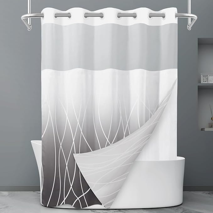 No Hook Shower Curtain with Liner, Ombre Dark Grey, 71 x 74 Inch | Stripe Pattern,Waterproof,Quick Dry,Mesh Top Window,Bottom Magnets,Hotel Style,Machine Washable,Modern,for Bathroom