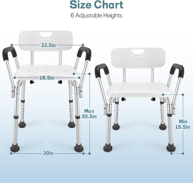 Heavy Duty Shower Chair for Elderly & Disabled with Padded Armrests & Back | Tool-free assembly adjustable height shower seat for inside shower. Provides secure, comfortable support for handicap adults