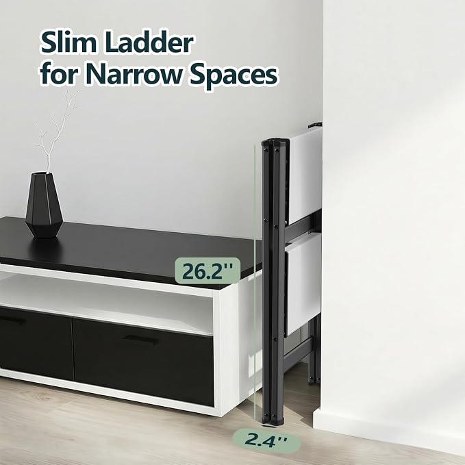2 Step Foldable Step Stool, 300lbs Load, Black & White | Folded 27''H x 3''T; Net 6.9 lbs; Non-Slip Feet: Wood/Tile/Carpet; Rigid Aluminum Steps; No Assembly; Ready From Box.