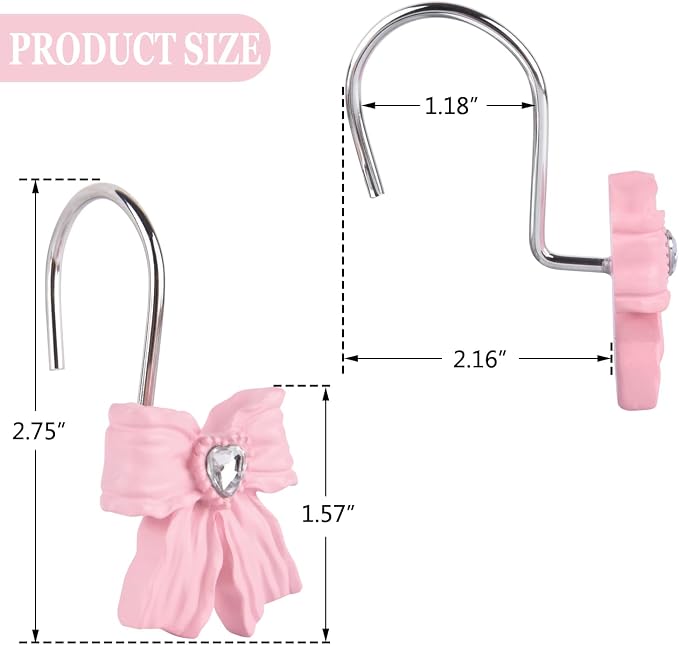 12PCS Shower Curtain Hooks Rings,Pink Bow Decorative Shower Curtain Hooks | Modern Home Decorativ Rust Resistant Hangers Shower Hooks for Bathroom Shower Rod, Bedroom, Living Room