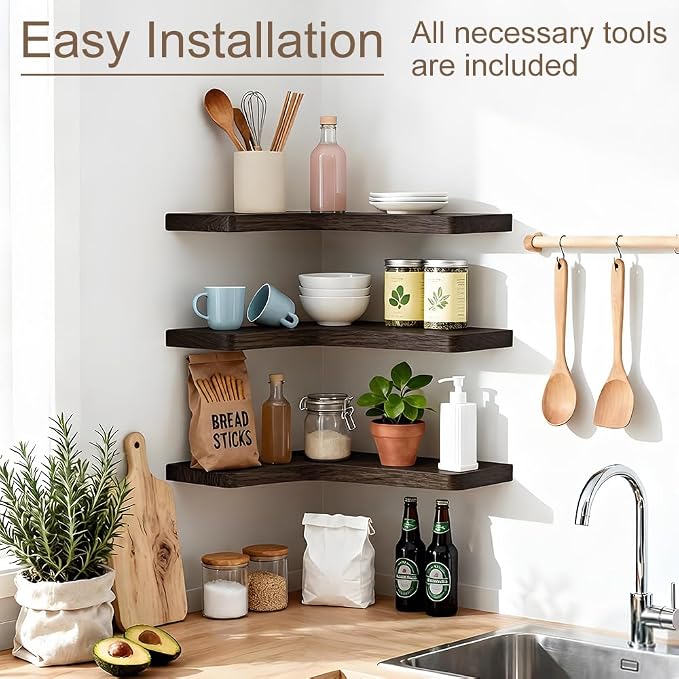 Floating Corner Shelves Set of 3, Solid Wood Picture Wall Shelf, Floating Shelves for Storage for Bedroom Kitchen Bathroom Living Room (Burnt)