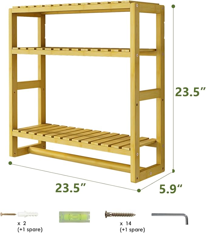 Galood Over The Toilet Storage Bathroom Shelves Wall Mounted Yellow | 3 Tier Space Saver Corner Shelf Organizer Bamboo Towel Rack Toilet Paper Cabinet with Hanging Rod