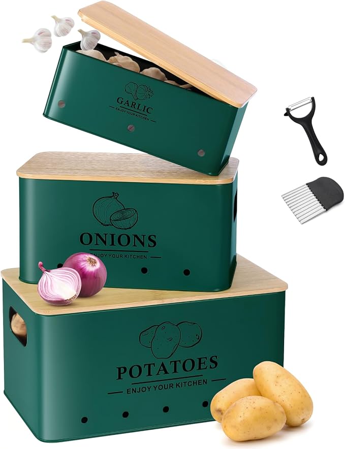 Kitchen Vegetable Storage Set of 3, Metal Onion Garlic Potato Storage Set, Kitchen Canisters Vegetable Keeper Containers with Aerating Holes and Bamboo Lid,Alpine Green