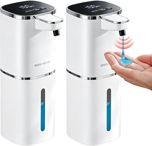 2 Pack Automatic Liquid Soap Dispenser, USB Rechargeable | , 13.5oz/400mL, 9-Adjustable Liquid Levels, IPX5 Waterproof, Touchless & Wall/Tabletop Use for Kitchen Bathroom, White