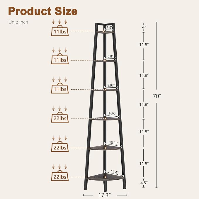 Hoctieon Corner Shelf, 6-Tier Corner Bookshelf, Rustic Ladder Shelf, Industrial Display Stand for Living Room, Kitchen, Home Office, Balcony, Small Space, Metal Frame, Grey