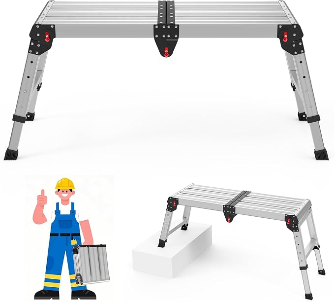 Work Platform 500 lbs with One-Touch Automatic Fold, Larger, Black | Folding Step Stool, 4 Height Adjustment Platform Step, Perfect for RV Cleaning, Home Painting and Reaching High Places