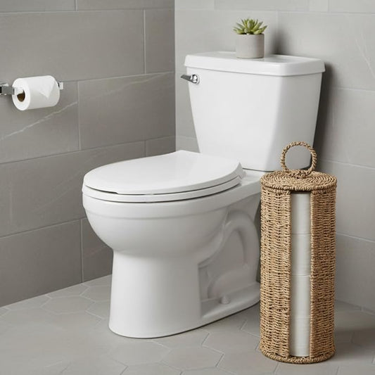 Geiserailie 4 Mega Rolls Extra Seagrass Toilet Paper Storage, Wicker Toilet Paper Holder, Woven Basket Stand with Lid, Decorative Boho Covered Enclosed Tissue Organizer for Bathroom