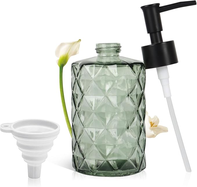 Green Glass Soap Dispenser, 11 Oz/330ml Liquid Hand Lotion Dispenser Set for Kitchen Sink and Bathroom, Dish Soap Dispenser Set, Lotion Glass Lotion Bottles with Black Pump (Army Green)