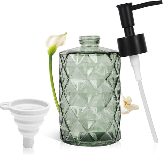 Green Glass Soap Dispenser, 11 Oz/330ml Liquid Hand Lotion Dispenser Set for Kitchen Sink and Bathroom, Dish Soap Dispenser Set, Lotion Glass Lotion Bottles with Black Pump (Army Green)