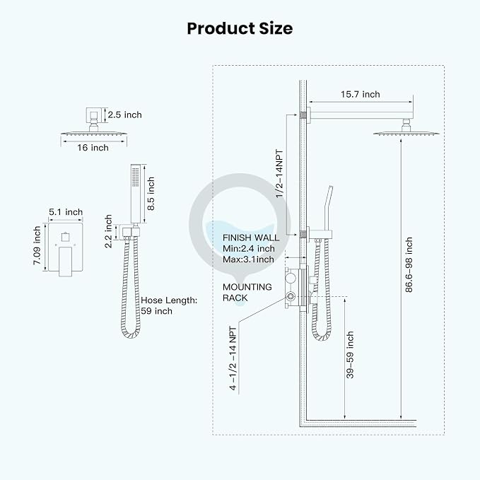 gotonovo Shower Faucet Set with Handheld Spray Matte Black,16'' Head | SUS304 Rainfall Shower Head and Handle Set System Fixture,Pressure Balance Valve Trim Kit,Single Handle,Wall Mount,All Metal