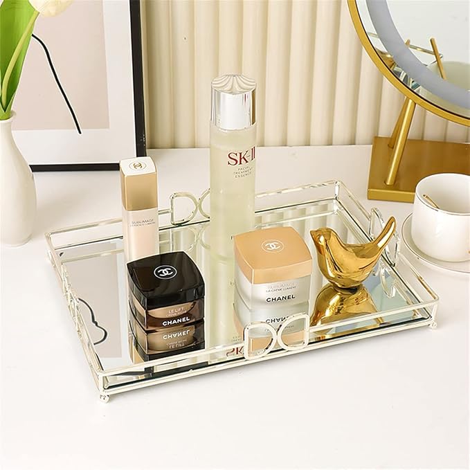 Large Silver Mirrored Tray with Elevated Ball Feet, 14x10 Entire Length Perfume Organizer for Dresser, Modern Minimalist Bathroom Counter Vanity Storage