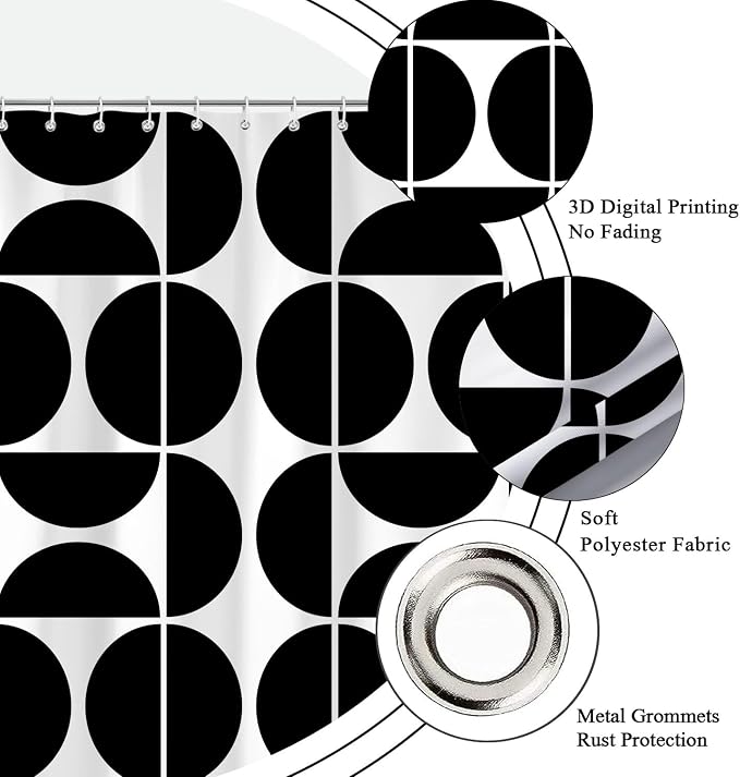 Black and White Mid Century Modern Shower Curtain, Boho Abstract Geometric Retro Art Bath Curtains For Bathroom, Colorful Unique Pattern Waterproof Polyester Fabric Bathroom Set 12 Hooks 72X78IN