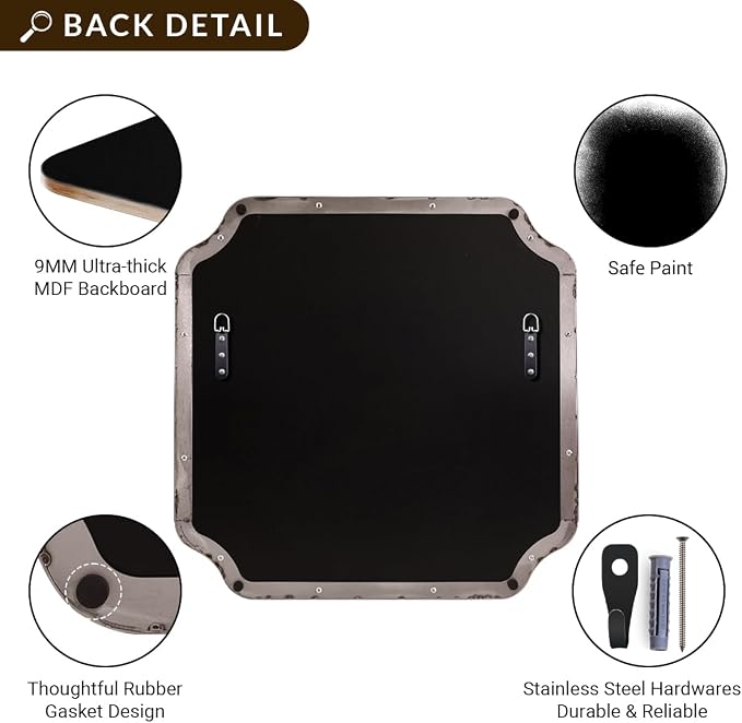 24"x24" Chrome Mirror, Polished Nickel Square Mirror for Wall, Scalloped Bathroom Mirror in Anti-Rust Stainless Steel Frame, Unique Notched Corner Designed Ideal for Home Remodel