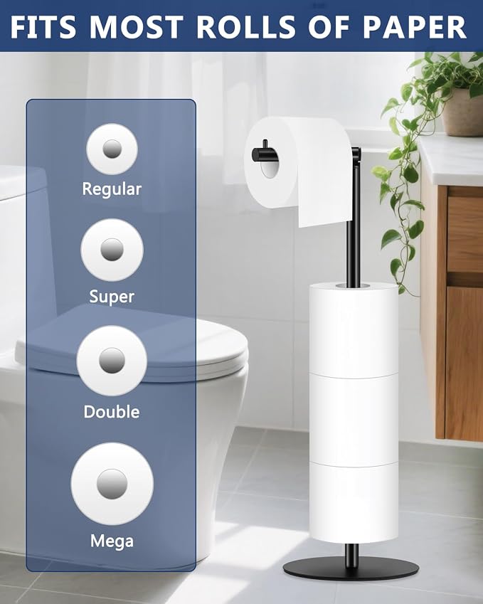 Toilet Paper Holder Stand, Bathroom Toilet Paper Stand with Shelf, Free Standing Toilet Paper Roll Storage Holder for 4 Rolls, Black, Naturous