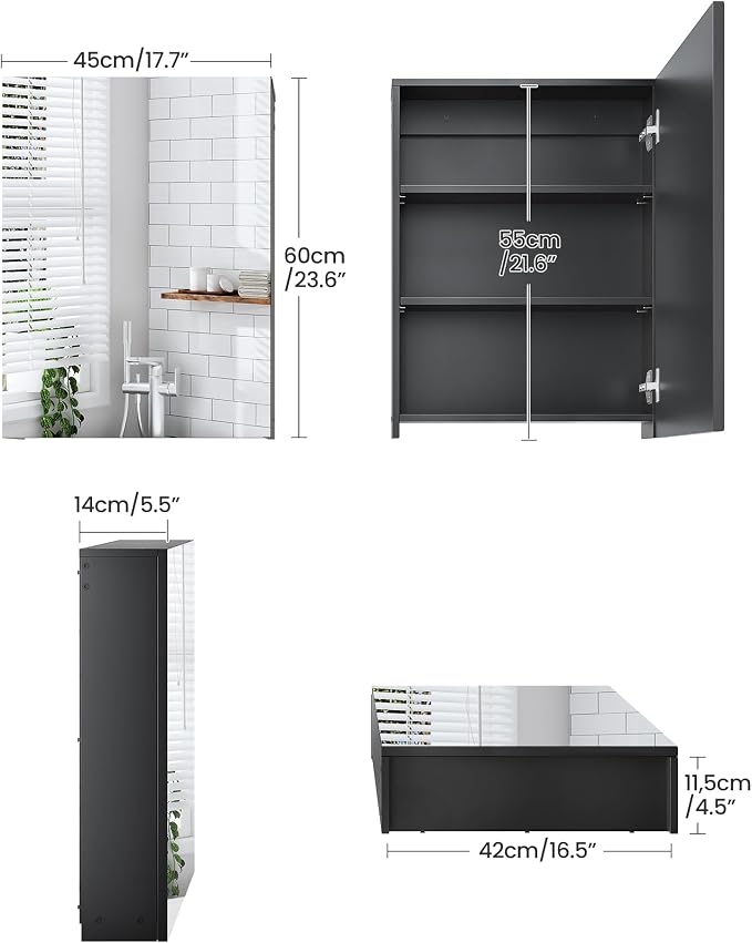 Bathroom Medicine Mirror Cabinet, 17.7'' x 23.6'', Wall-Mounted Bathroom Vanity with Mirror, Bathroom Medicine Cabinet with Storage Function, Hanging Storage Cabinet, Adjustable Shelves, Black