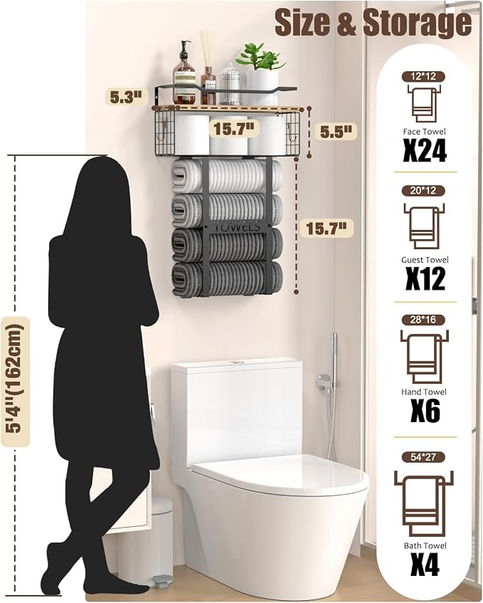 Towel Racks for Bathroom Wall Mounted - Bath Wall Towel Holder Set Above Toilet Storage, Rolled Towel Shelf Organizer for Small Bathroom, Wood Vertical Towel Rack for Bathroom Wall Decor | Towel Storage with Wood Shelf & Metal Basket,Fit for Small Bath...
