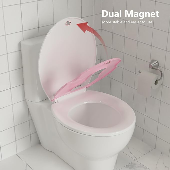 17" Round Pink Toilet Seat with Built-In Toddler Potty Training Seat, No Wiggle Design for Child and Adult, Easy to Install with Detachable Seat for Longtime Usage