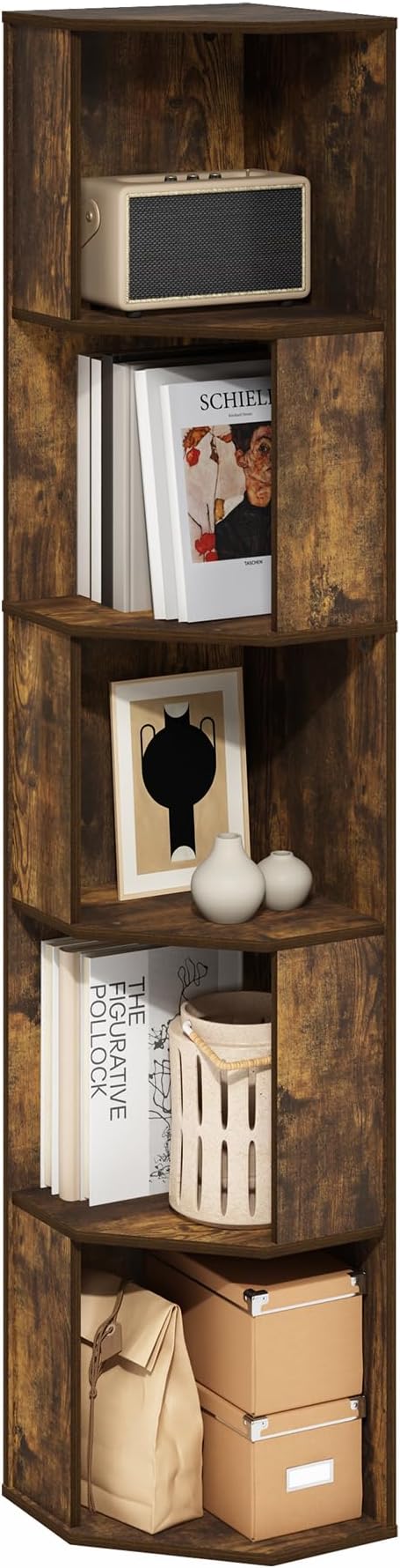 Furinno ECON Corner Shelf, 5-Tier Corner Book Shelf, Standing Storage Shelves, Cube Display Rack, Bookshelf, for Organization and Storage, Living Room, Home Office, Amber Oak