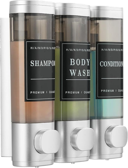 Shower Soap Dispenser Wall Mounted No Drill Shampoo Dispenser for Shower Wall Shampoo and Conditioner Dispenser Bathroom Hotel 3 * 300ml with Waterproof Labels Sliver