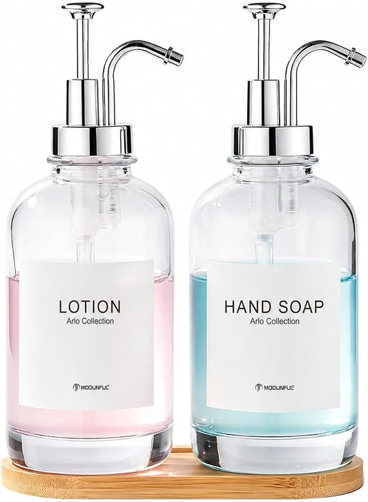 Glass Soap Dispenser Set 2, Silver Rust-Proof Stainless Steel Pump 16.9oz | Bamboo Tray, Silicone Funnel, Refillable Kitchen Soap Dispenser with Residue Free Labels, Luxury Bathroom Decor