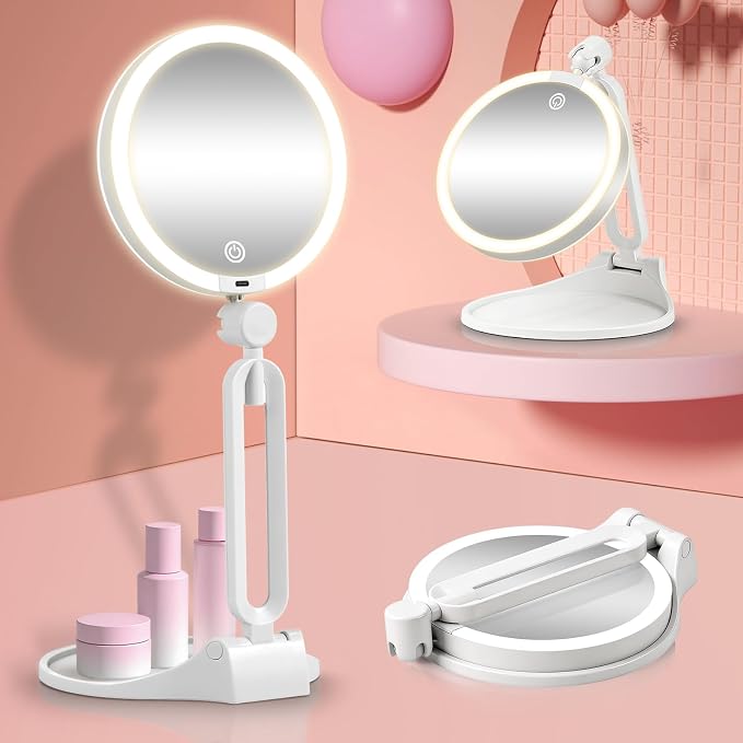 Travel Magnifying Makeup Mirror with Lights, Dual Sided 1X/30X Lighted Magnified Mirror, Rechargeable 3 Colors Dimming Lighting, Large Size of 6inch, Foldable Design, 360°Angle Adjustable