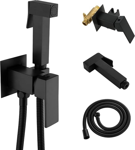 Warm Water Bidet Sprayer for Toilet with Hot and Cold Brass Rough-in Valve, Stainless Steel Handheld Bidet Attachment Set for Feminine, Pets and Baby Diaper Wash, Matte Black, BDS08-7