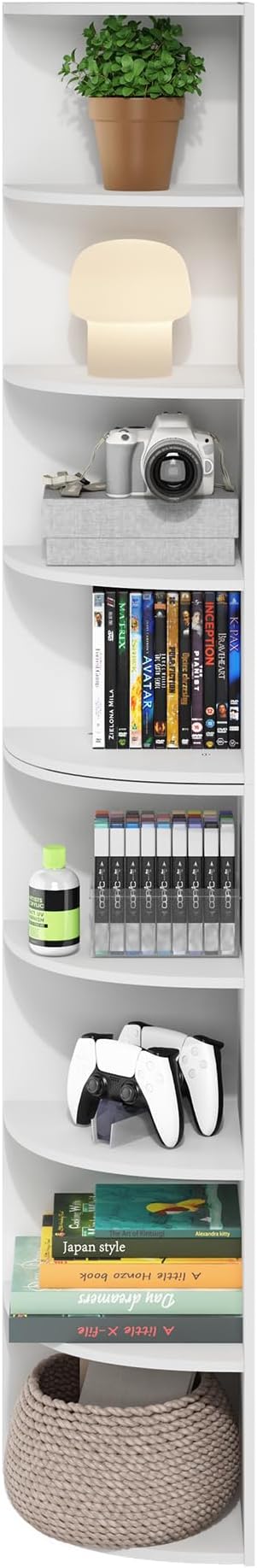 Furinno ECON Corner Shelf, 8-Tier Corner Book Shelf, Storage Shelves, Display Rack, Bookshelf, for Organization and Storage, Living Room, Home Office, White
