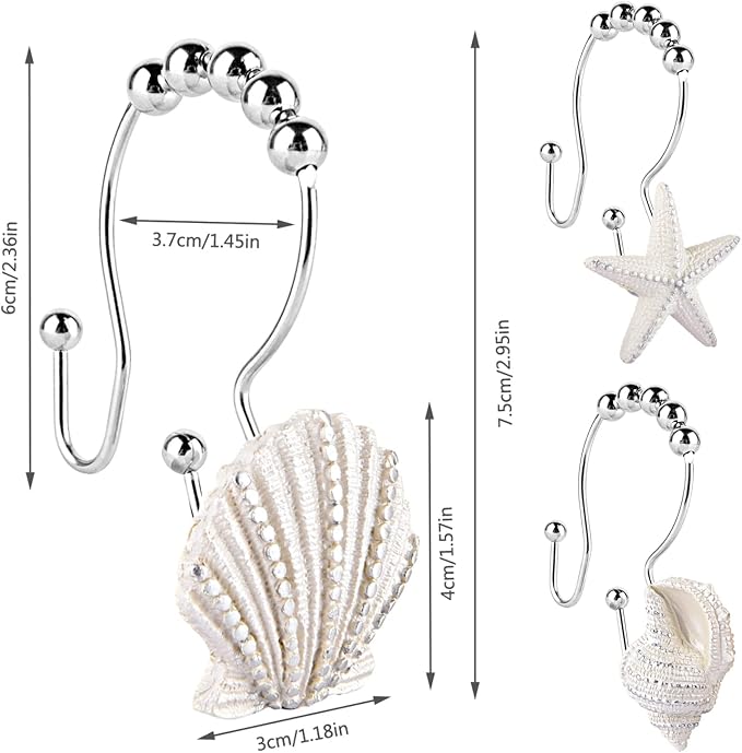 Decorative Shower Curtain Hooks,12 Pcs Seashell Double Shower Curtain Hooks | Decorative Shower Curtain Hooks,12 Pcs Seashell Double Shower Curtain Hooks