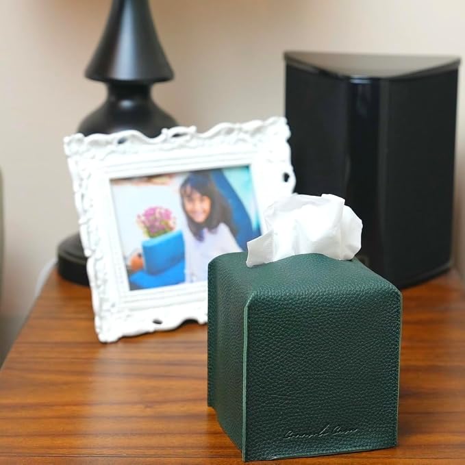 Premium PU Leather Tissue Box Holder - Elegant Hotel-Style Tissue Box Cover for Home, Office & Car Décor, Tissues Cube Organizer for a Natural & Classic Look (Dark-Green)