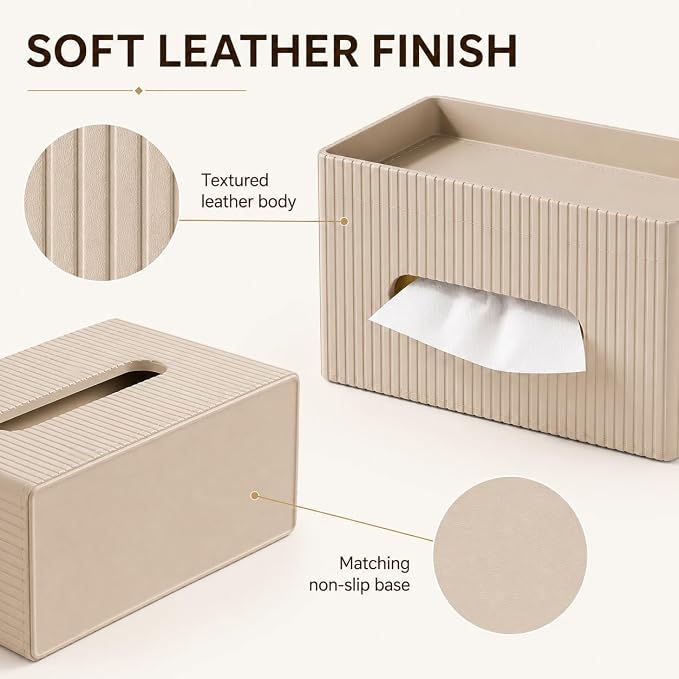 Ribbed PU Leather Tissue Box Cover with Storage Tray, Rectangular Facial Tissue Holder for Bathroom Vanity, Nightstand & Office Desk, Modern Decorative Tissue Dispenser (Warm Beige)