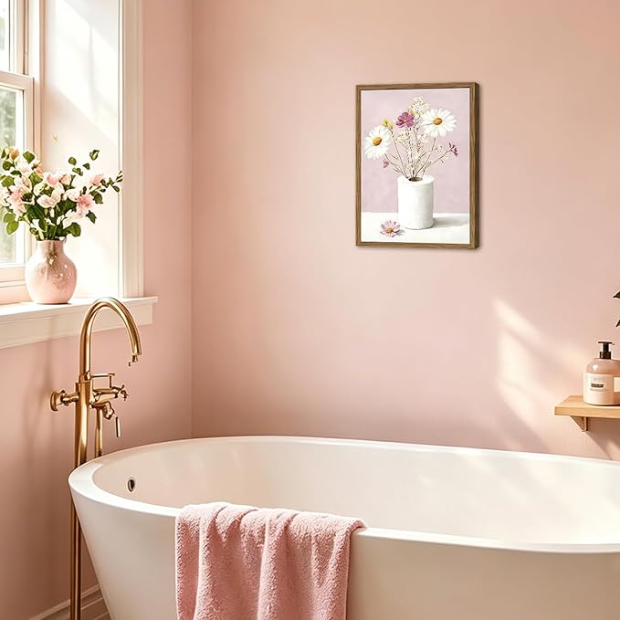 Vintage Floral Toilet Paper Wall Art Cute Wildflower Restroom Wall Decor Picture Funny Pink Flower Bathroom Canvas Painting Print 12x16 inch Wood Framed