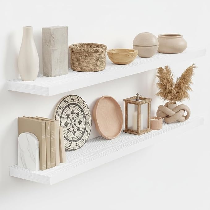 Vivelove Floating Shelves 9 inch Deep 40”Long Set of 2, White | Easy Install With Hardware, 1.5" Thick, Invisible Brackets, Wall Mounted, No Sagging, For Any Room