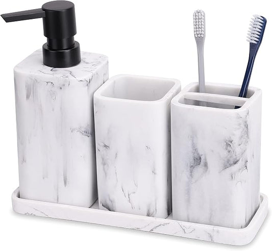 Bathroom Accessory Sets, 4 Pieces Bathroom Accessories Complete Set Vanity Countertop Accessory Set with Marble Look, Includes Lotion Dispenser, Toothbrush Holder and Tray (White Marble Look)