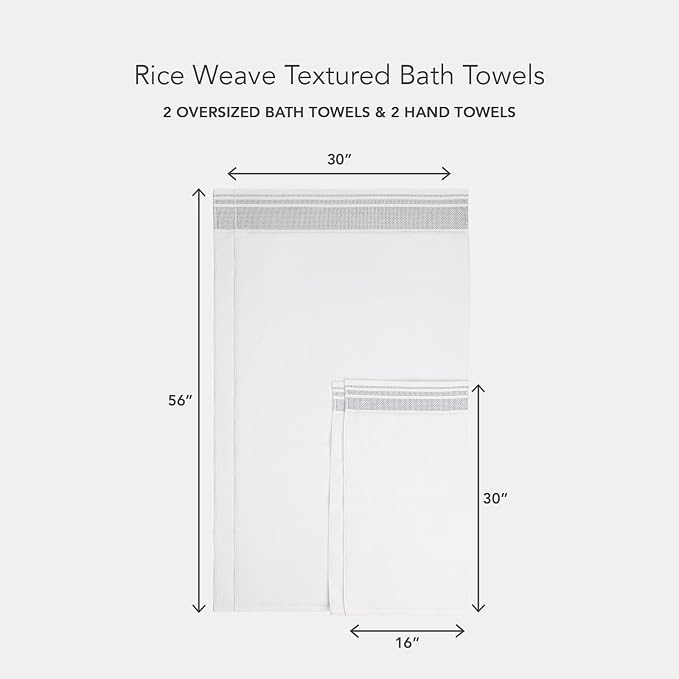 Texere 100% Organic Cotton Rice Weave Jacquard 700 GSM Luxury Bath Towel Sets - 2 Large Bath Towels, 2 Hand Towels (Rice Weave, BRT Wht w/Blk, 2 Bath & 2 Hand Towels)