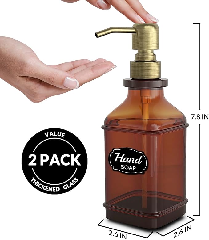 Soap Dispenser - 2 Pack, Antique Design Thick Amber Glass Hand Soap Dispensers with Sturdy Tray; 304 Rust Proof Stainless Steel Black Pump, 12Pcs Stickers, for Kitchen, Bathroom - Brushed Gold