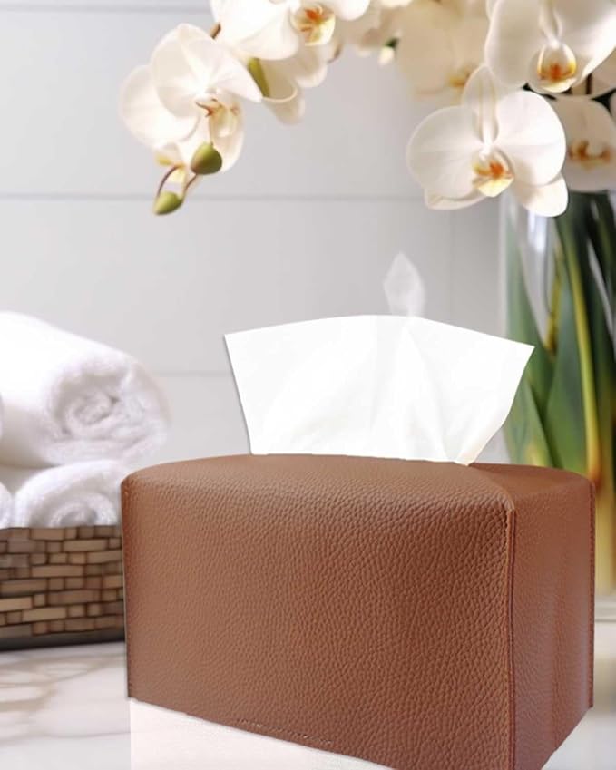 Rectangle Tissue Box Cover Brown - Normal Size Leather Rectangular Tissue Box Cover [JESMINI] Faux Leather Tissue Box Holder Long for Normal Rectangular Facial Tissue Box