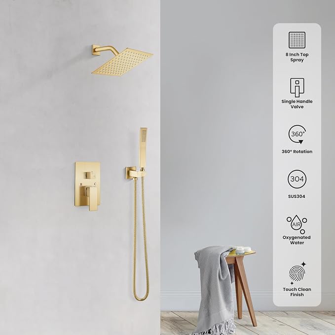gotonovo Shower Faucet Set with Handheld Spray Brushed Gold,8'' Head | SUS304 Rainfall Shower Head and Handle Set System Fixture,Pressure Balance Valve Trim Kit,Single Handle,Wall Mount,All Metal