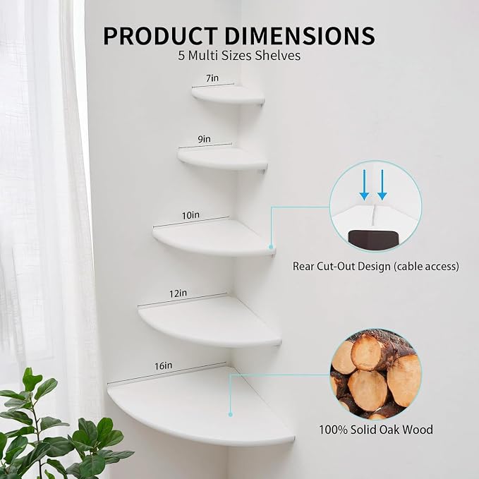 Gieanoo White Corner Wall Shelf 9inch Solid Oak Wood Floating Corner Shelf with Wire Hole Corner Wall Storage Display Shelves for Living Room Bedroom Bathroom Kitchen