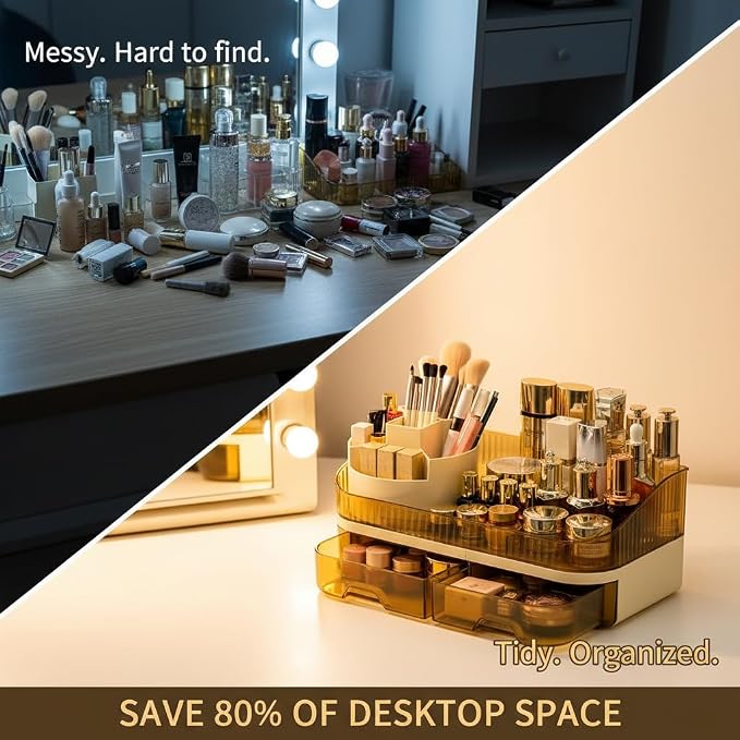 Makeup Organizer Countertop with Dual Drawers | Plastic, Vanity Bathroom Desk, 360° Rotating, Easy Clean, Cosmetic Skincare