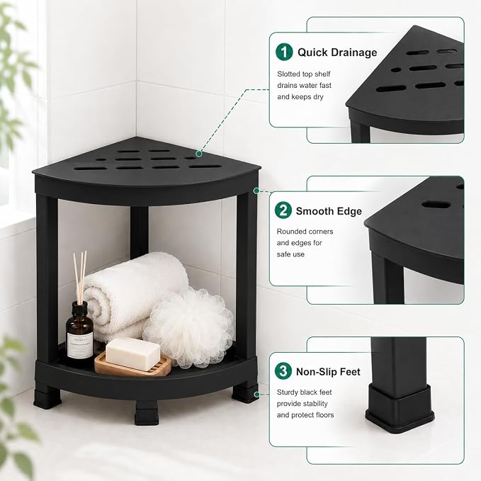 CROWNFURN Shower Foot Rest, HIPS Waterproof Shower Stool for Inside Shower, Corner Shower Bench for Shaving Legs with Baffle Storage Shelf for Small Space, Rapid Assembly DIY Combination Shelf (Black)