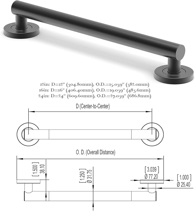 ADA Compliant Grab Bar, 500lbs Weight Support for Bath Safety (16 inch, Matte Black)