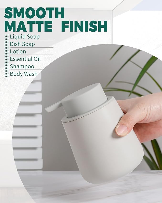BosilunLife Ceramic Soap Dispenser - Dish Soap Dispenser for Bathroom 12Oz | Refillable Liquid Hand Wash Dispenser for Essential Oil, Lotion Soap, Grey